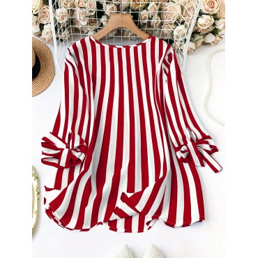 Plus Size Striped Print Blouse, Elegant Notched Neck Tie Cuff Top For Spring, Women's Plus Size Clothing Plus Size Striped Print Blouse, Elegant Notched Neck Tie Cuff Top For Spring, Women's Plus Size Clothing