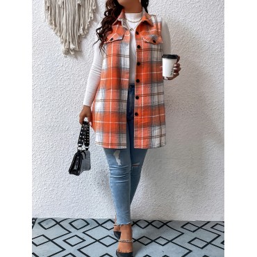 Plus Size Plaid Pattern Button Front Vest, Casual Sleeveless Flap Detail Gilet Jacket For Fall & Spring, Women's Plus Size Clothing Plus Size Plaid Pattern Button Front Vest, Casual Sleeveless Flap Detail Gilet Jacket For Fall & Spring, Women's Plus Size Clothing